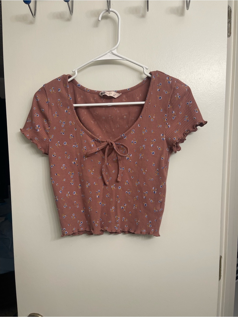 Tie-Front Floral Ribbed Crop Top - Pink